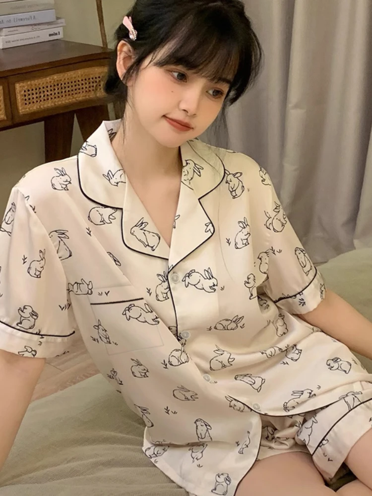 Women's Pink Cute Print Pajama Set, Soft Comfy Button Top and Shorts, Casual Loungewear Sleepwear Homewear Set