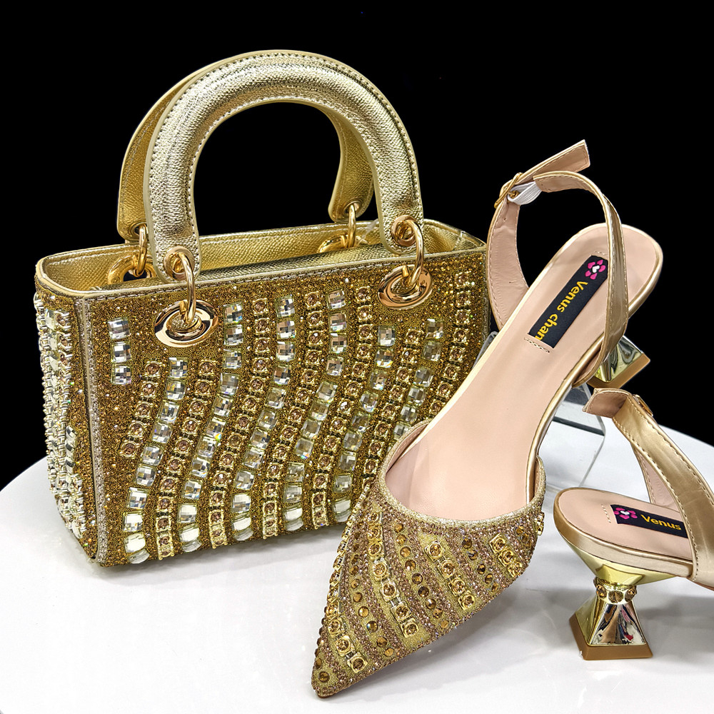 Rhinestone Decoration Fuchsia Color Shoes and Bag Set, Shiny Italian Fashion Pointed Toe Women Heel for Chic Elegance