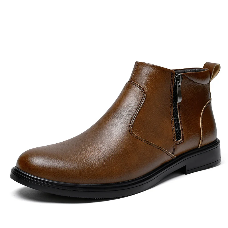 Genuine Leather Mens Winter Plush Chelsea Boots, Fashion Brogue Style Ankle Boots, Snow Botas Walking Shoes for Men