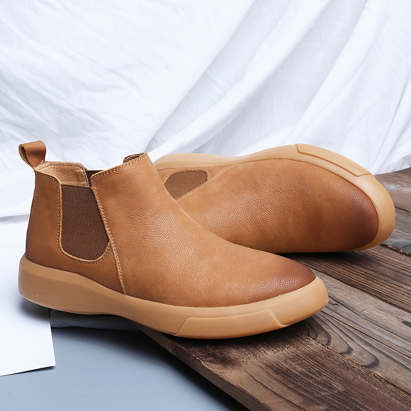 Men Winter Leather Ankle Boots with Fur, No-Slip High Top Chelsea Boots, Casual Work Shoes for Outdoors