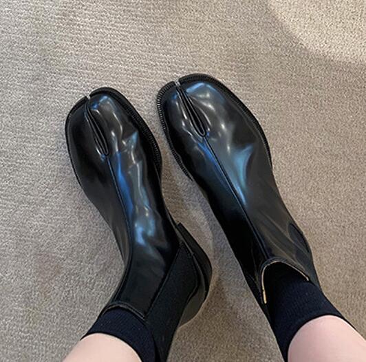 Retro Split Toe Ankle Boots, Shiny & Matte Leather Tabi Shoes, Ninja Chelsea Botas Mujer