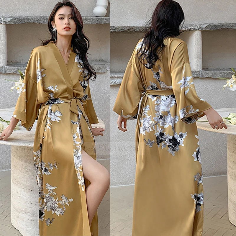 Sexy Black Print Flower Long Robe Nightgown, Summer Kimono Bathrobe Gown, Rayon Half Sleeve Women Loungewear