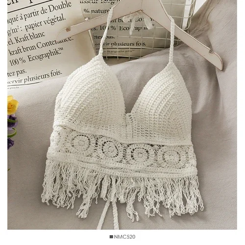 Lace Halter Neck Crop Tops Retro Wild Hollow Perspective Tassel Sexy Spaghetti Strap Tank Top Women Built In Bra Beach Tops