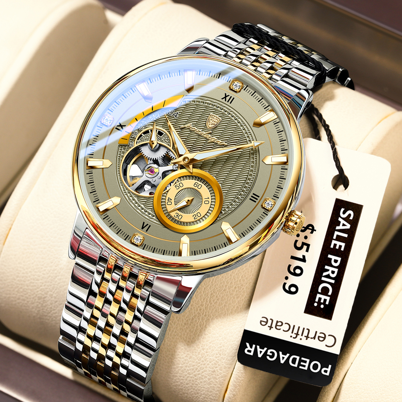 POEDAGAR Luxury Man Wristwatch, Hollow Tourbillon Stainless Steel Watch, Automatic Mechanical Luminous Men Reloj