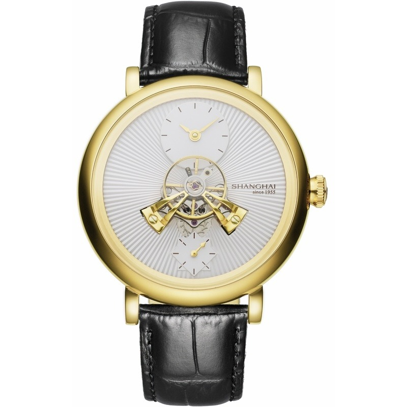 Men Mechanical Watch Shanghai Movement, Dome Mirror Sapphire Crystal, Luxury Tourbillon, Leather Strap Classic
