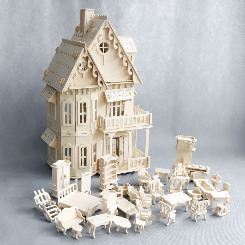 DIY Wooden Dollhouse Miniature Furniture Toy for Dolls, 3D Puzzles Doll House, Pretend Play Toys Gifts for Kids