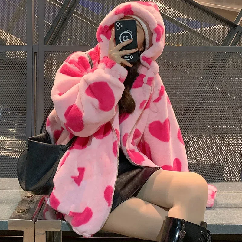 Harajuku Heart Print Plush Jacket, Women's Winter Korean Streetwear, Thick Warm Hooded Coat, Couple Outerwear
