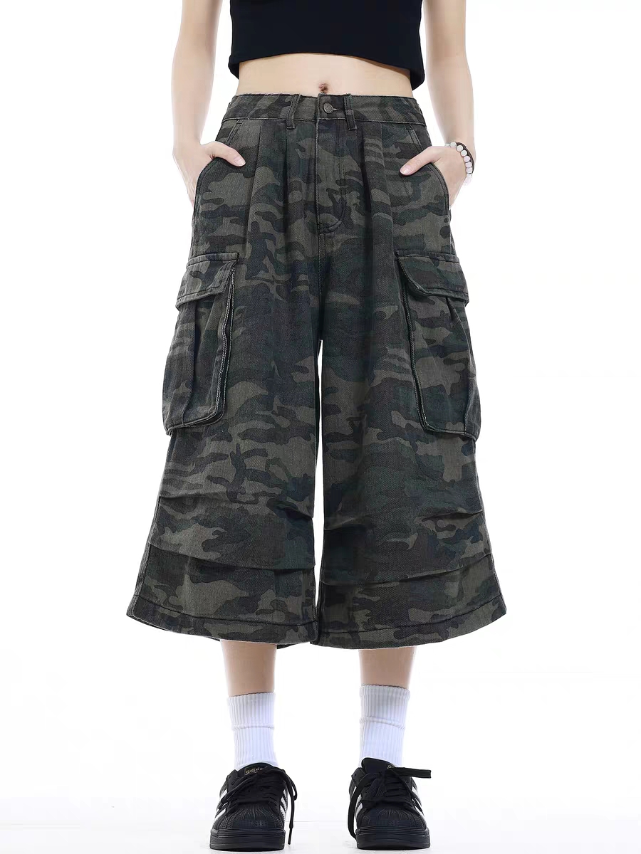 American High Street, Retro Wide Leg Jeans, Loose Camouflage Trousers for Men and Women, Casual Straight Long Fit