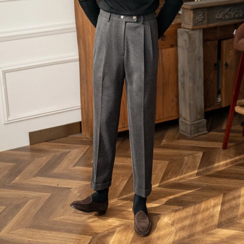 Mens Warm Wool Blend Pants, High Waisted Straight Leg Trousers for Autumn Winter Casual Suit Pant, Versatile Solid Color