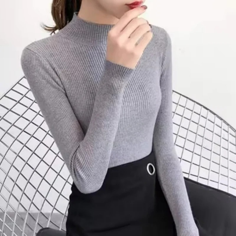 Autumn Winter Mock Neck, Vintage Solid Knitted Tops, Casual Slim Pullover for Women