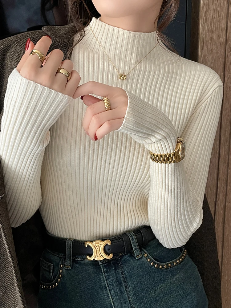 Women Long Sleeve Turtleneck Sweater, Chic Autumn Winter Knit Pullover, Solid Color Slim Casual Warm Jumper Top
