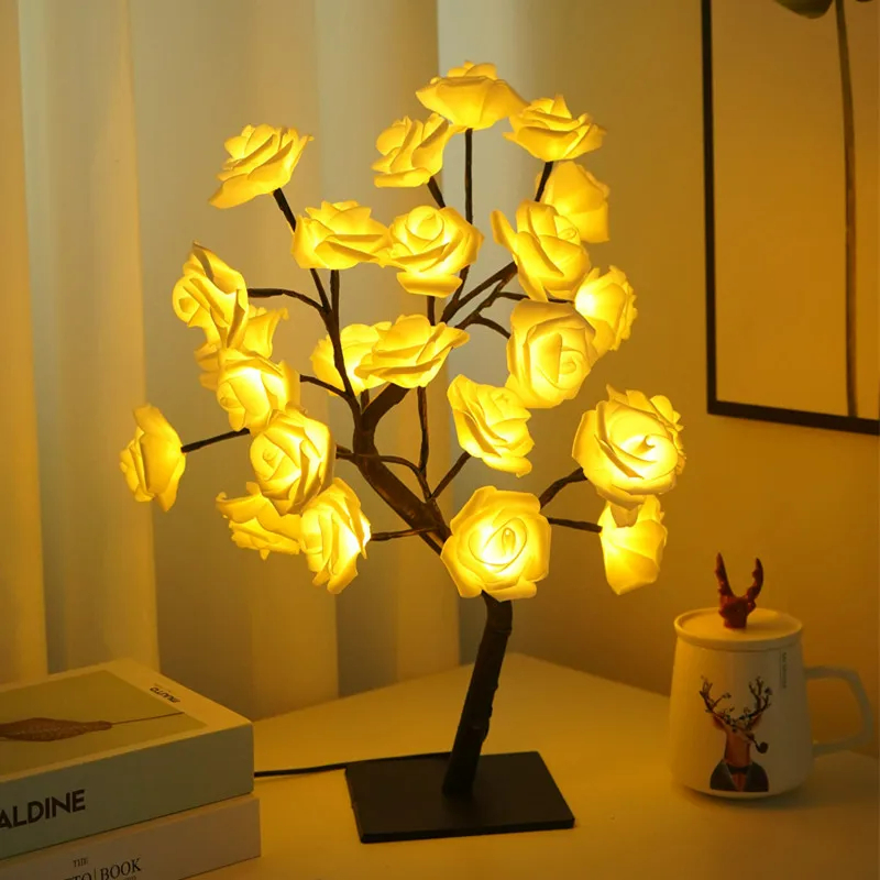 LED Rose Blossom Tree Night Light Tabletop Bonsai Tree Lamp USB Artificial Flower Christmas Home Decor Gift