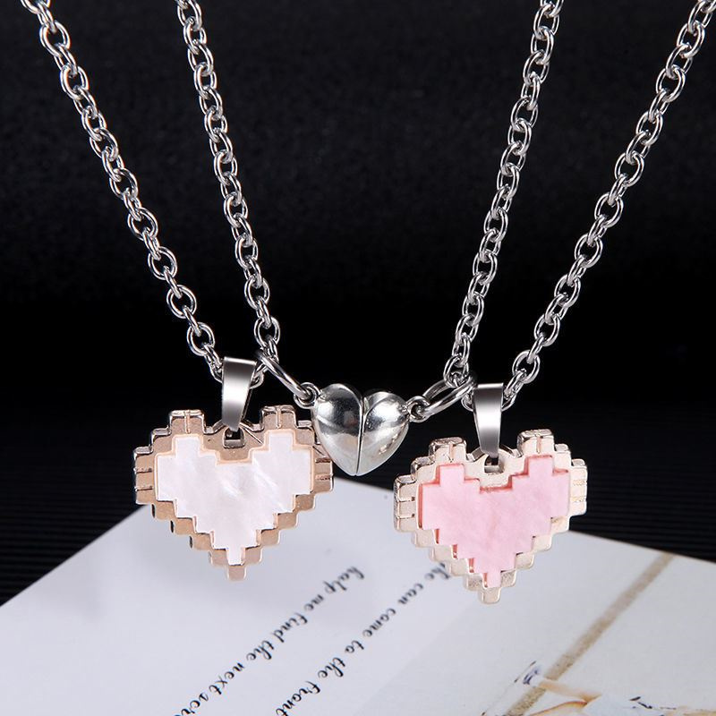 Love Heart Shaped Pendant Necklace Mosaic Magnetic Design, Valentine Day Fashion Jewelry, Trendy Cute Couple Necklace