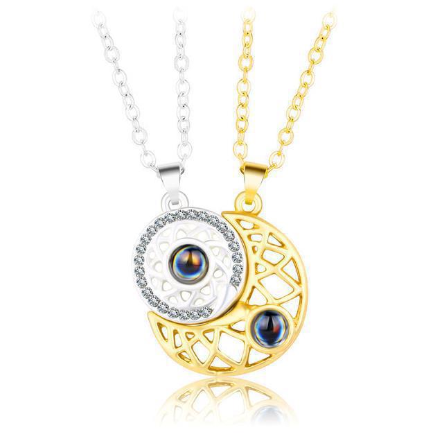 Couple Magnetic Matching Necklace for Women Men, Sun Moon Heart Shape Pendant, I Love You Projection Jewelry