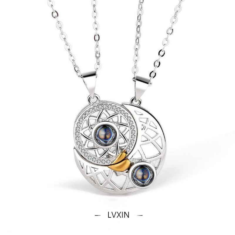Magnetic Couple Matching Necklace for Women Men, I Love You Projection, Sun Moon Heart Pendant Jewelry