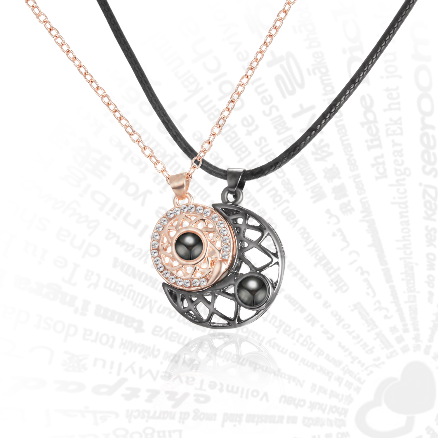 Hollow Sun Moon Heart Projection Necklace, I Love You Magnetic Pendant Jewelry Gift for Couples