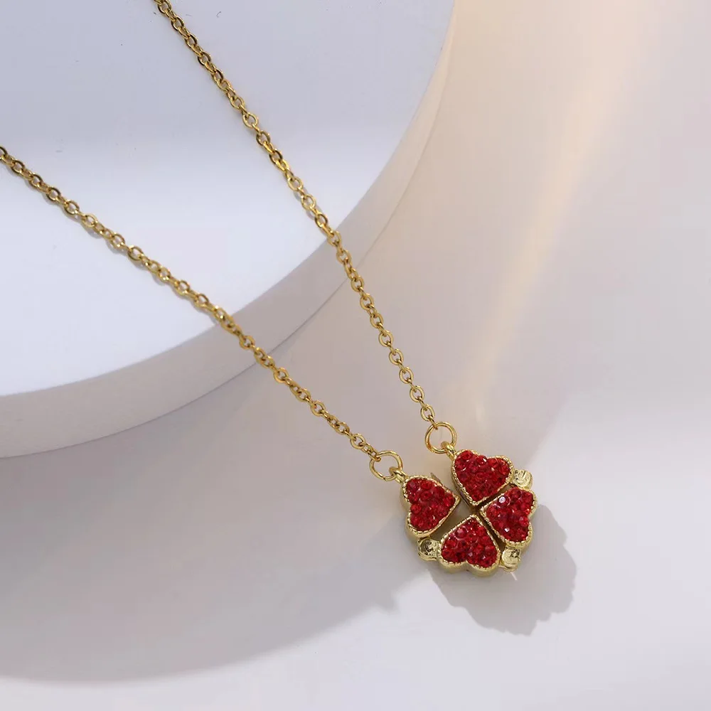 Ladies Clover Heart Shaped Clover Choker, Red Black Double Side Love Magnetic Pendant Necklace, Lucky Love Pendant