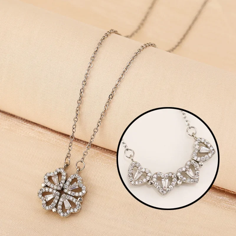 Openable Heart Four Leaf Clover Pendant Necklace, Vintage Magnetic Choker Jewelry, Women Zircon Love Gifts