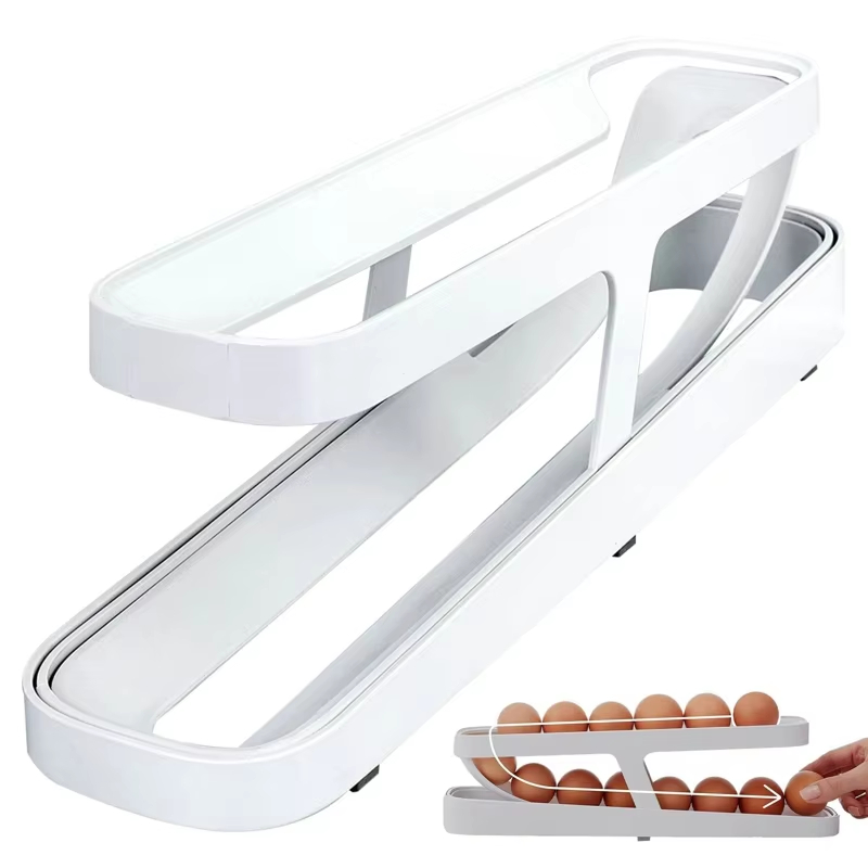 Automatic Rolling Egg Holder Rack Bilayer Fridge Storage Box Ladder Style Egg Organizer Dispenser for Refrigerator