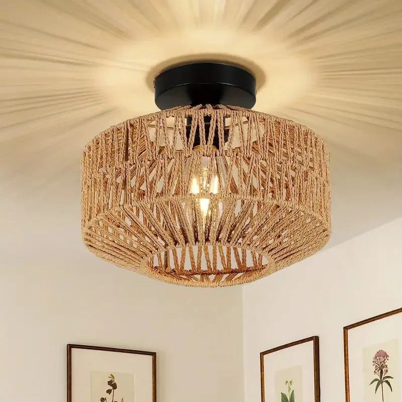 Boho Rattan Ceiling Light Flush Mount Fixture | Inspire Uplift