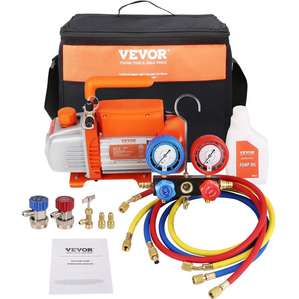 HP HVAC Vacuum Pump and Gauge Set 4 CFM Manifold Gauge Kit with Hose for Professional Refrigeration & AC Maintenance