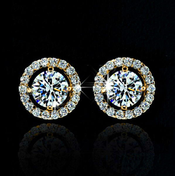 Luxury Crystal White Zircon Stud Earrings, Yellow Gold Vintage Round Crystal Studs, Luxury Wedding Jewelry for Women