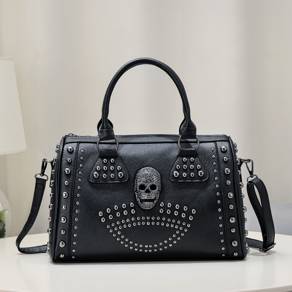 Boston Bag Dark Punk Style Handbag, Rivet Trend Shoulder Messenger Bag, Large Capacity Black Purse for Women