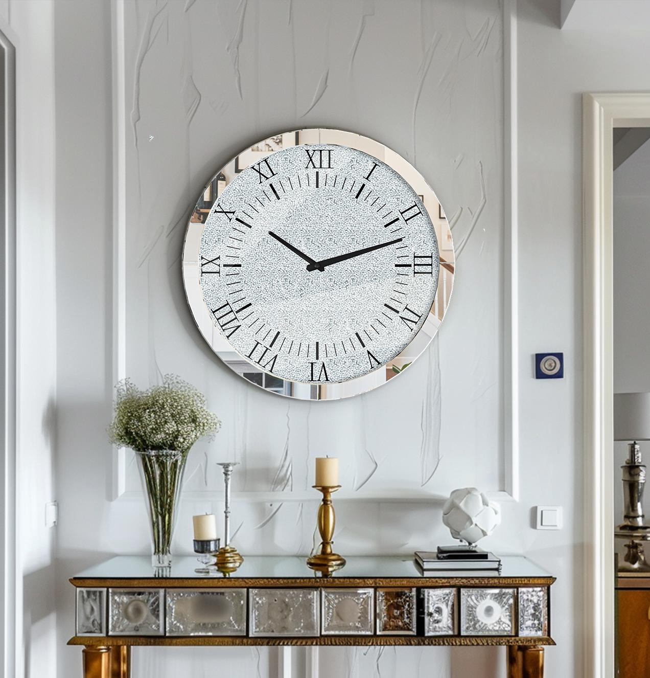 Silver Crystal Crush Diamond Wall Clock, Mirrored Quartz Clock with Beveled Glass, Luxury Home Decor Round Design