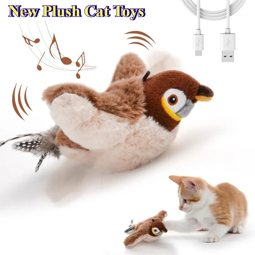 Hot Cat Interactive Toys Catnip Electric Pat Bird, Touch-Activated Squeaky Plush Toy for Dog & Cats, USB