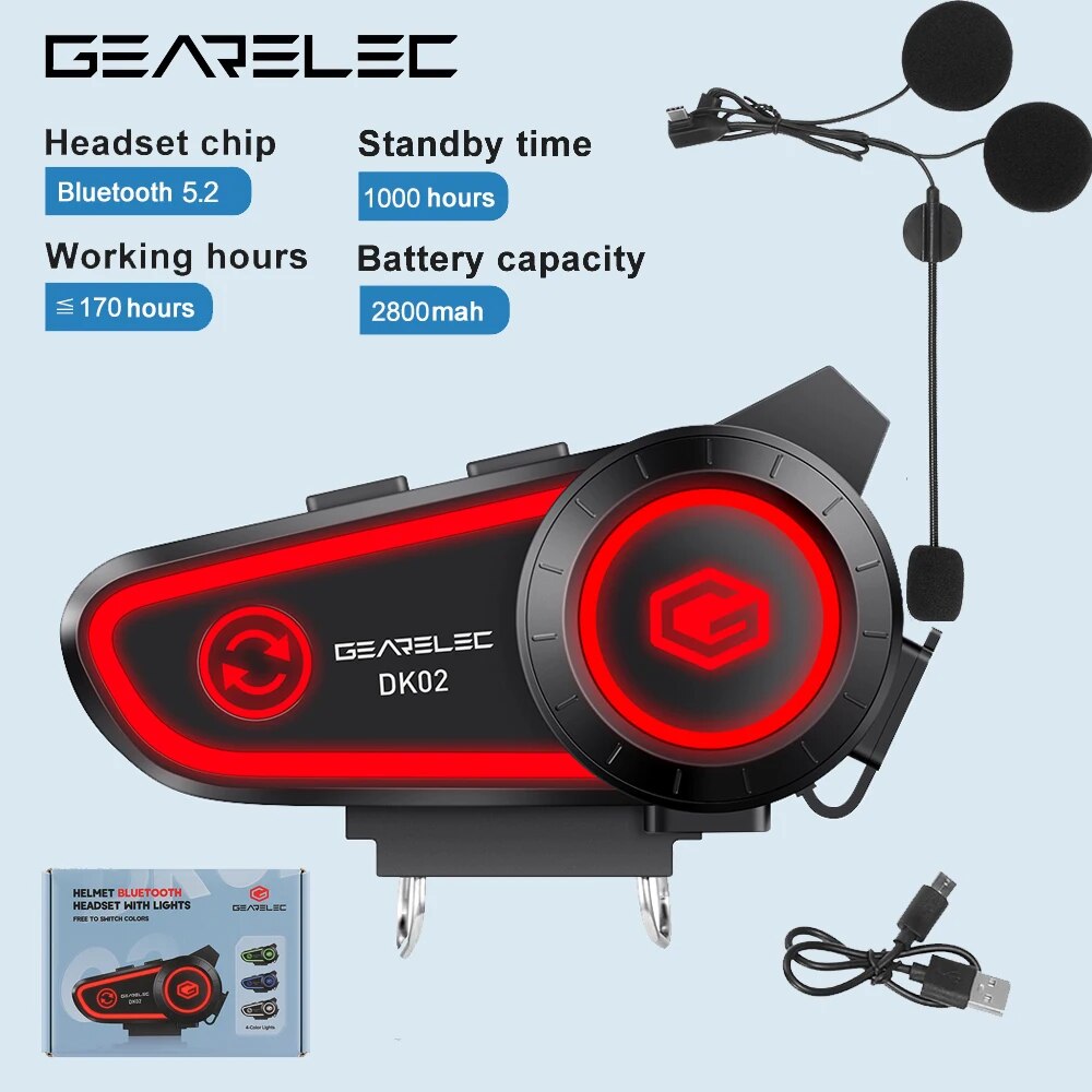 GEARELEC DK02 Motorcycle Helmet Headset, Stereo Bluetooth Hands-Free Call, IPX7 Waterproof, Tri-Color Ambient Light
