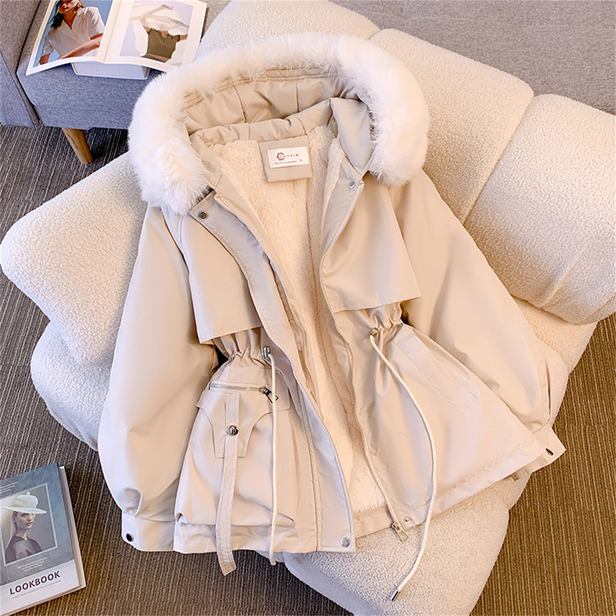 Women Winter Fashion Coats, Hooded Drawstring Jacket, Solid Padded Zip Up Parka, Casual Autumn Street wear Outfit