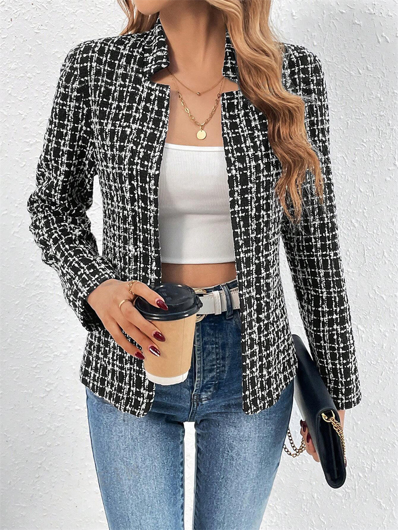 Women Fashion Casual Cardigan, Plaid Cropped Blazer Vintage Long Sleeve Chic Female Slim Outerwear Office Lady Suit Jack