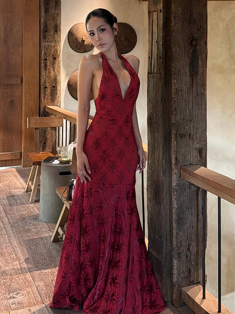 Elegant Deep V Neck Halter Backless Maxi Dress for Prom & Evening Events