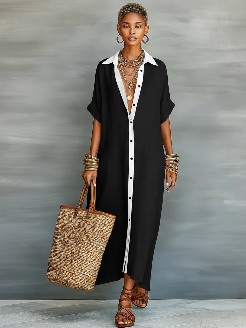 Coastal Breeze Patchwork Shirt Dress Casual Loose Beach Vacation Dress for Women