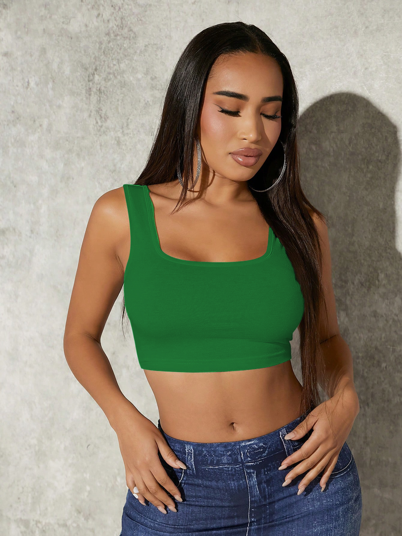 Dark Green Square Neck Cropped Tank Top for Women Slim Fit Summer Cami