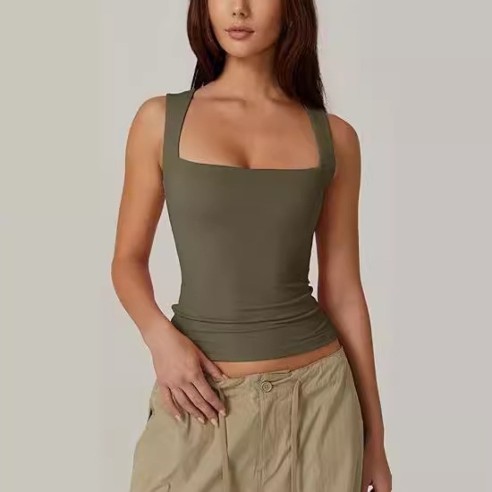Women Square Neck Double Layer Y2K Crop Tank Top Sleeveless Fitted Summer Top