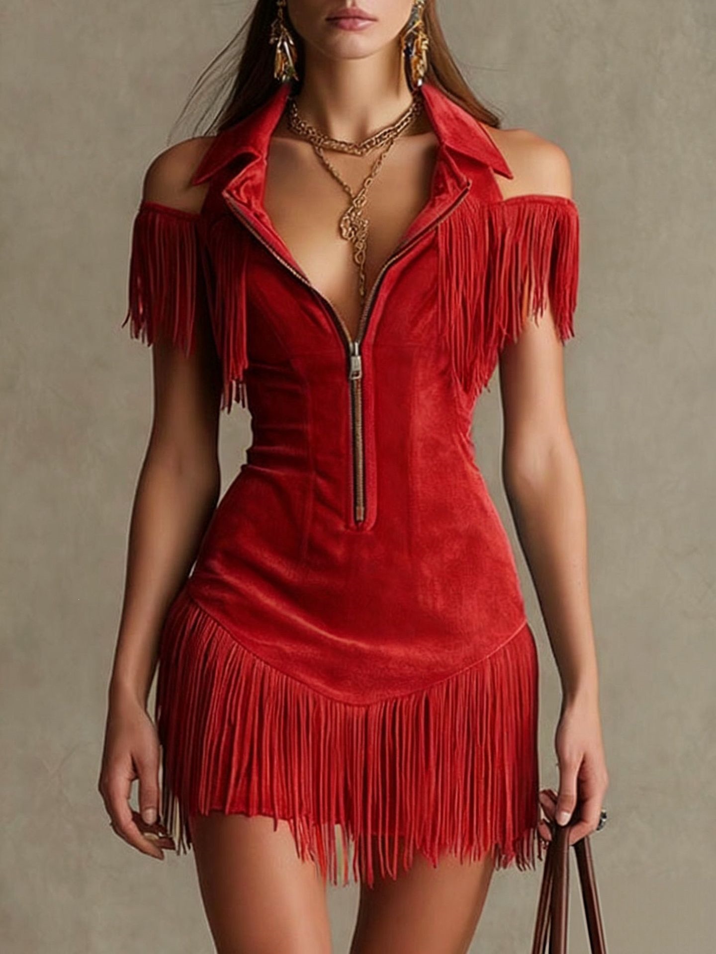 Frontier Chic Suede Fringe Mini Dress Western Bodycon Cold Shoulder Party Dress