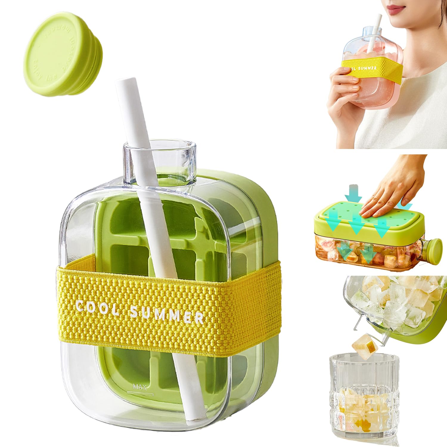 Ice Cube Maker Bottle with Straw & Stackable Silicone Ice Tray