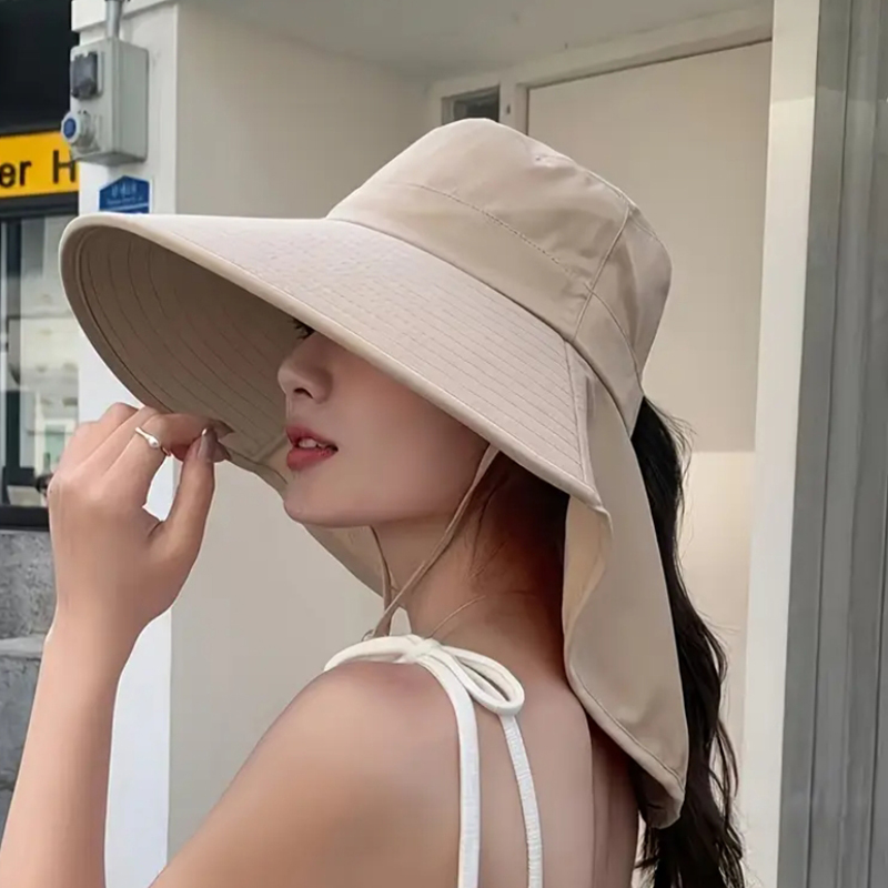 Wide Brim Ponytail Sun Hat with Neck Protection for Women Outdoor UV Fishing & Beach Hat