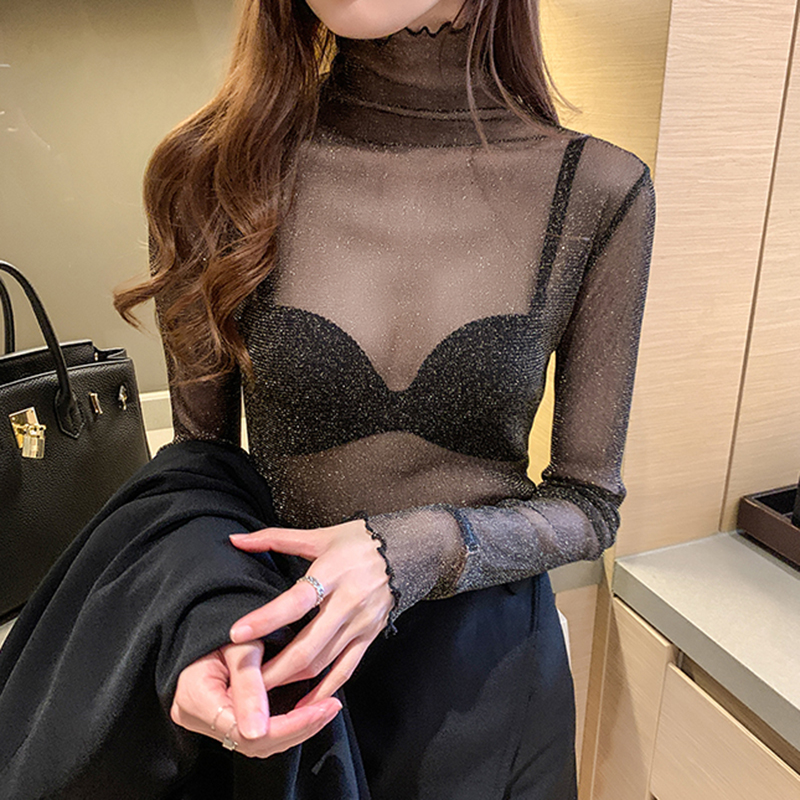 Elegant Sheer Mesh Blouse Long Sleeve Sparkly See Through Top for Women