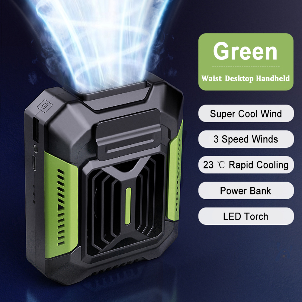 USB Rechargeable Mini Cooler Fan, Portable Waist Clip & Hanging Neck Fan for Outdoor Sports with Power Bank LED Light