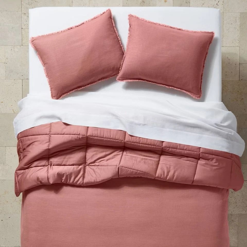 Rose Heavyweight Comforter Set, Solid Down Alternative, Full/Queen, Soft Linen Blend, Machine-Washable,