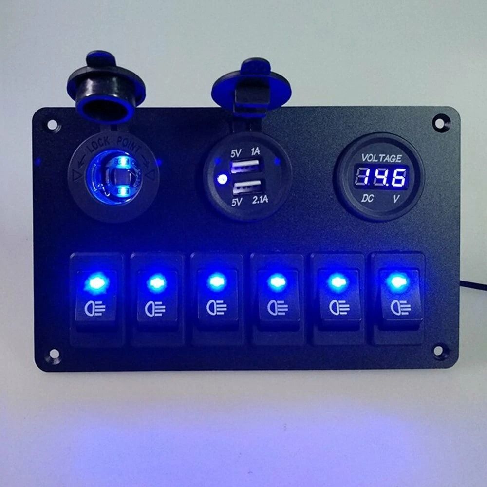 Waterproof Gang LED Rocker Switch Panel with Circuit Breaker, Dual USB Ports, Car, Marine, Boat, Voltage Display