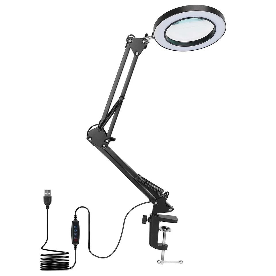 Magnifying Glass Desk Lamp with Clamp, LED Light, Adjustable Brightness, Light Modes, Stand for Reading