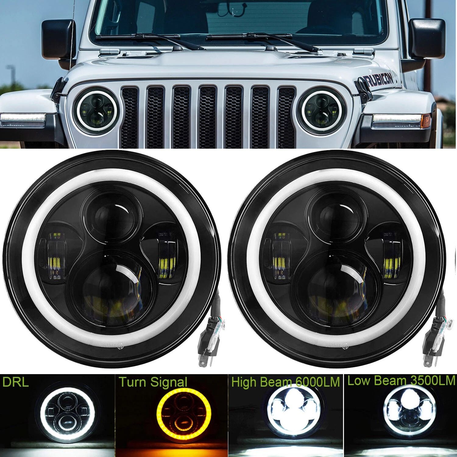 Round LED Headlights with Halo Angel Eyes, High Beam, Low Beam,