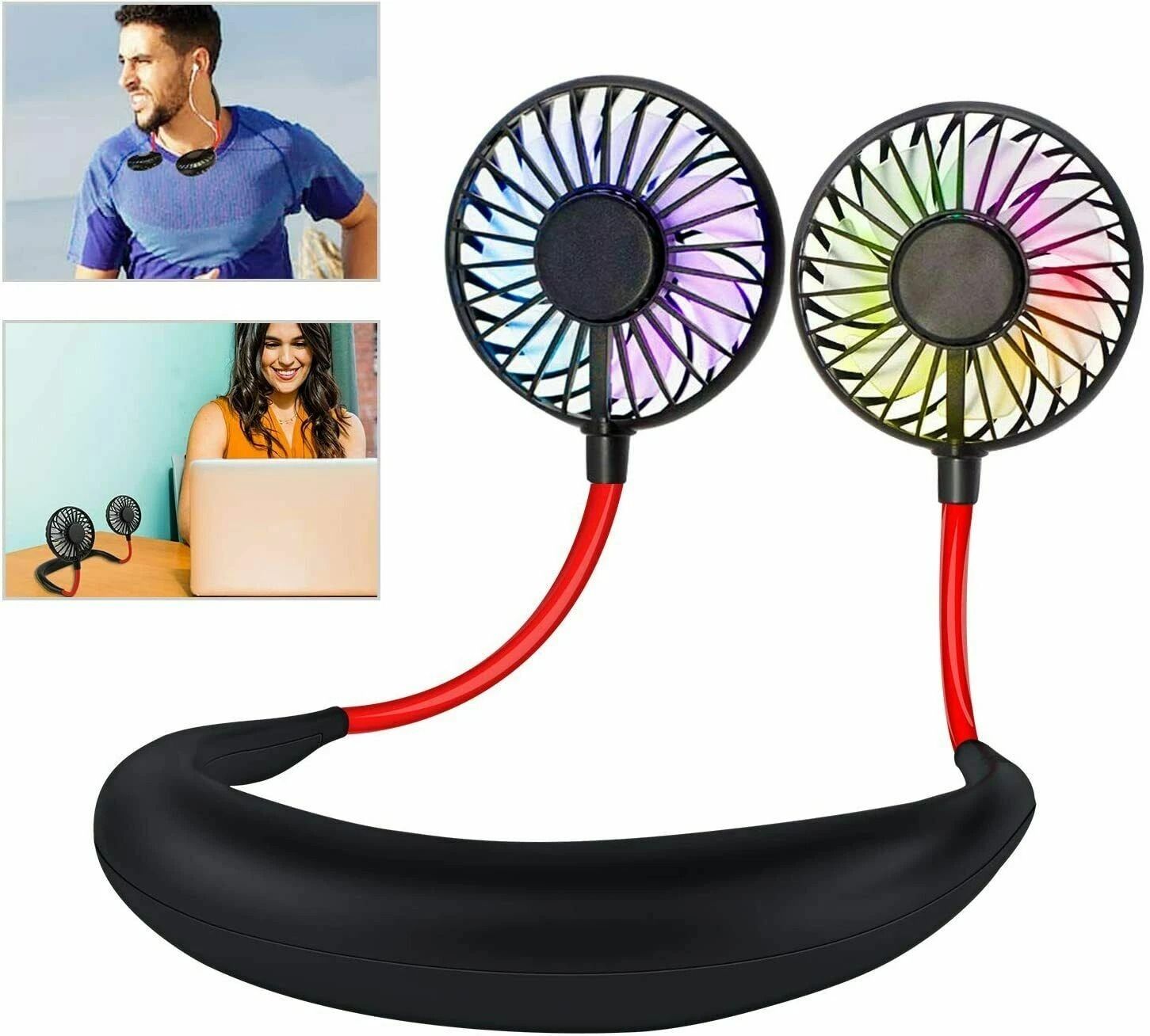 Neckband Cooling Fan, USB Rechargeable, Dual Cooling Style for Hot Days, Mini Fan for Outdoor Use