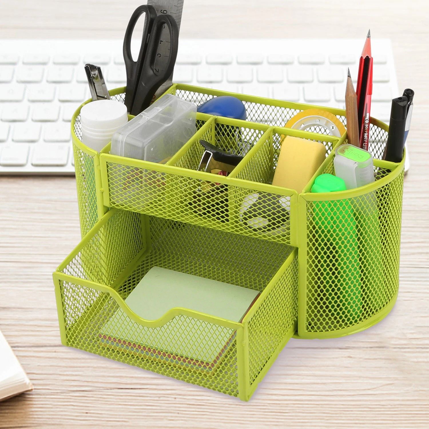 Metal Desk Organizer Mesh, Office Pen Pencil Holder, Storage Tray Green – Compact & Durable Desktop Storage Solution