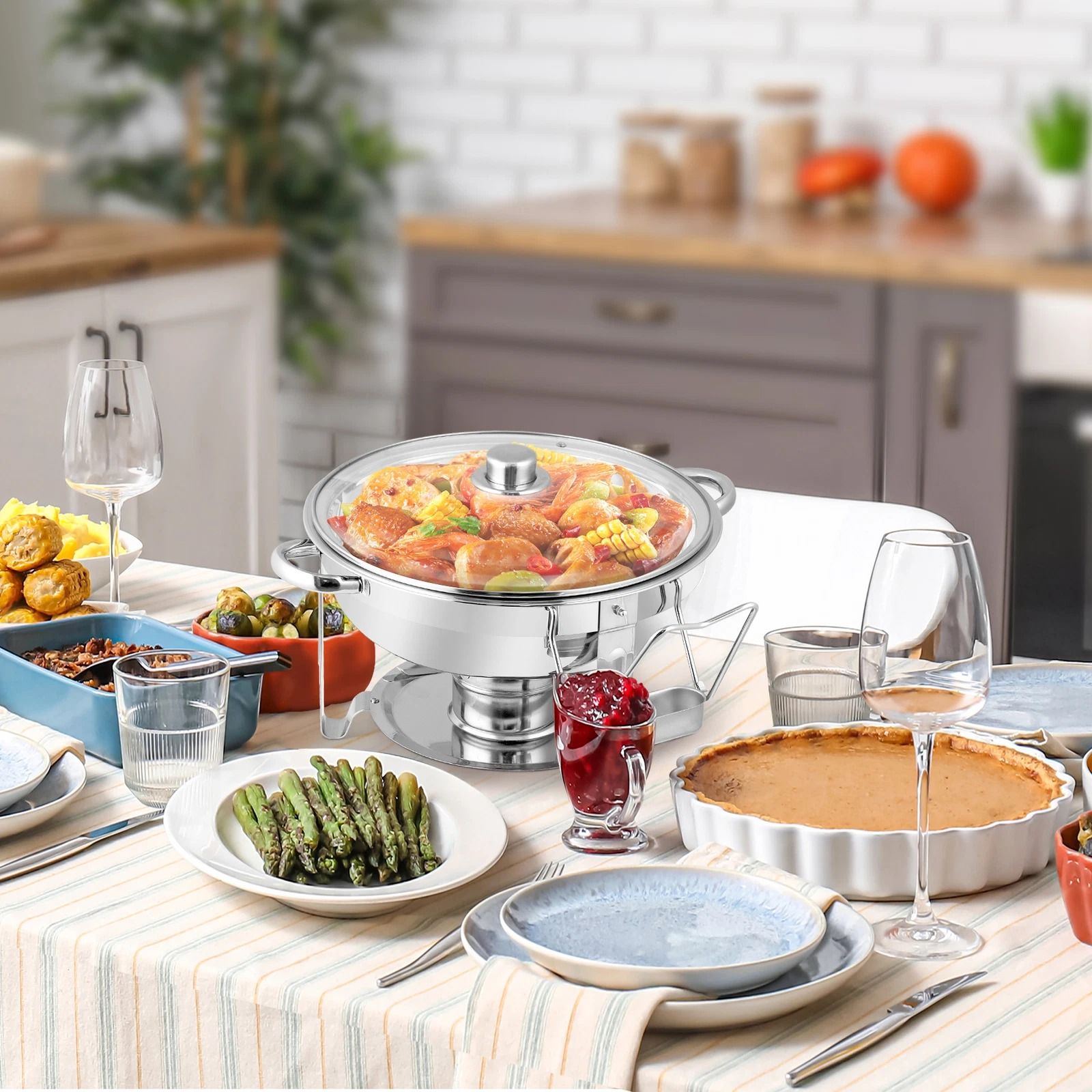 Round Chafing Dish Buffet Set w/ Glass Lid & Lid Holder, Perfect for Wedding Parties and Events