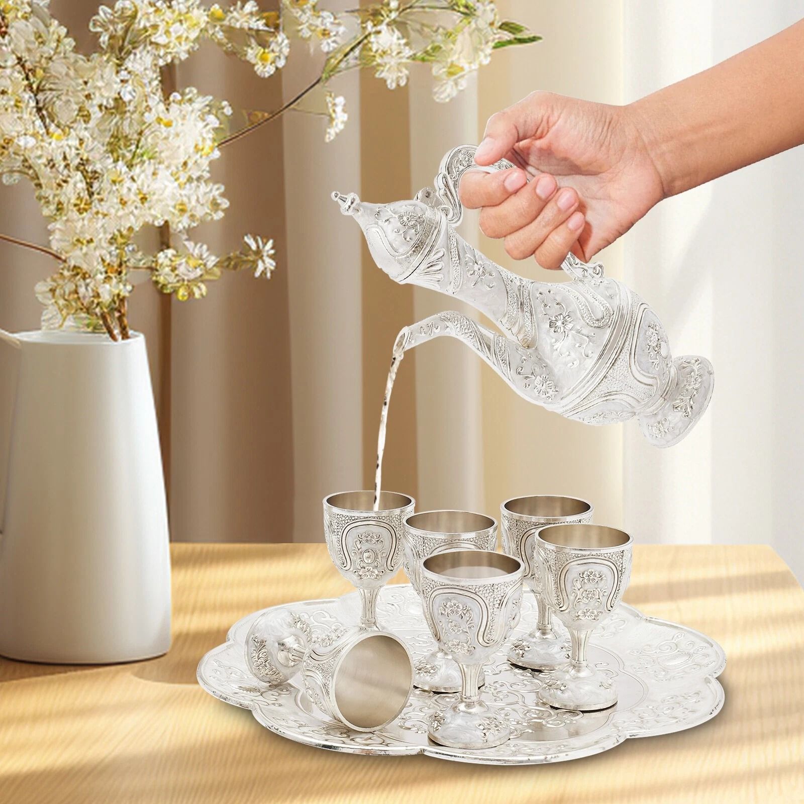 Zinc Alloy Vintage Teapot Set with Tray, Cups, Tea, Coffee, Wine Serving Set