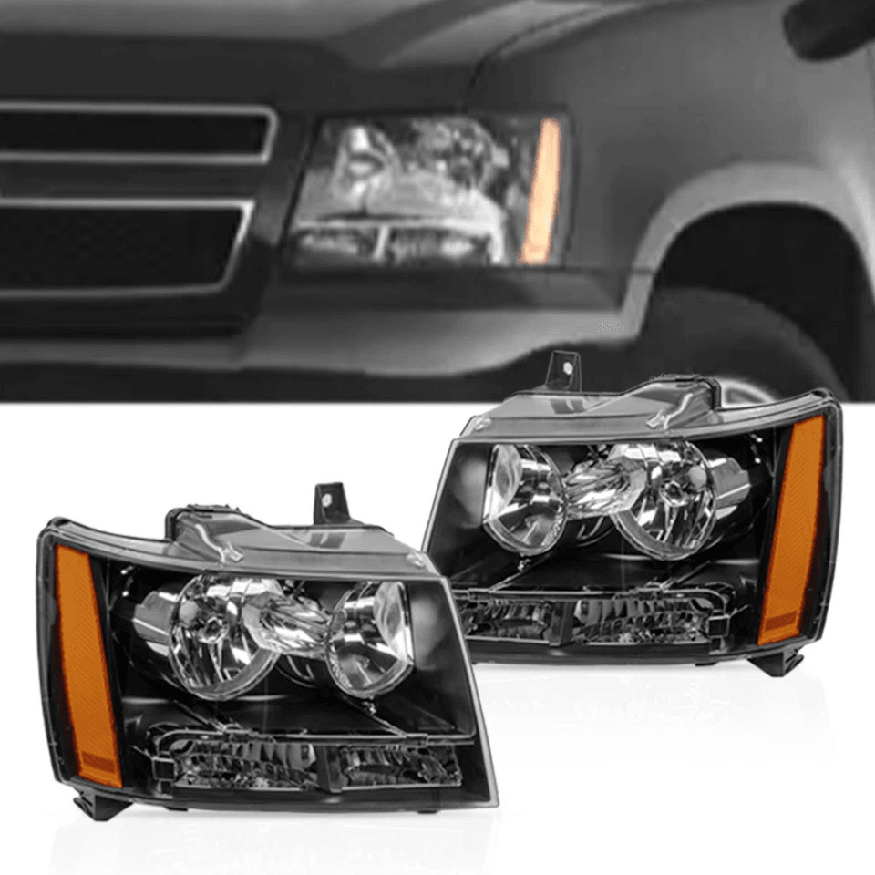 Chevy Suburban, Tahoe, Avalanche Black Amber Headlights Headlamps